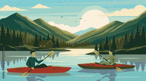 Couple kayaking on a serene lake surrounded by mountains and a forest