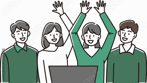 Group of coworkers celebrating success with laptop teamwork and collaboration concept flat vector illustration
