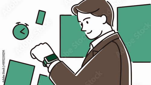 Businessman checks smartwatch with floating clock and rectangles around him