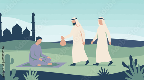Muslim men giving Zakat to a seated person with mosque background, flat illustration