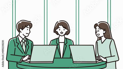 Three coworkers collaborate on laptops in a modern office setting with green accents