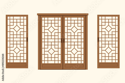 a traditional Korean sliding door. Minimal line illustration style.
