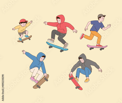 Skateboard boys. Minimal line illustration style.