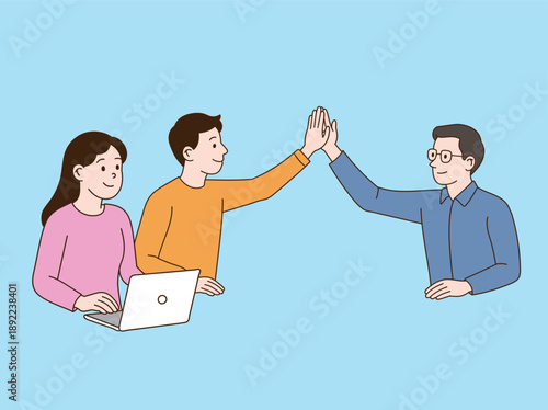 a high-fiving person during a meeting. Minimal line illustration style.