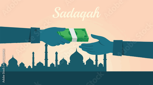 Sadaqah concept with hands exchanging money against a mosque skyline