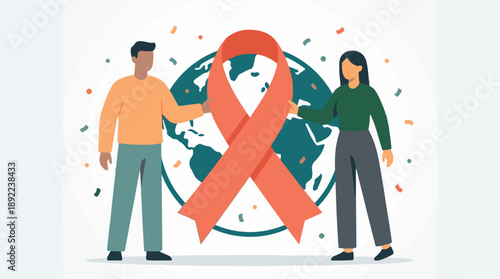 Global Awareness and Support: People Holding Orange Ribbon with Earth Background