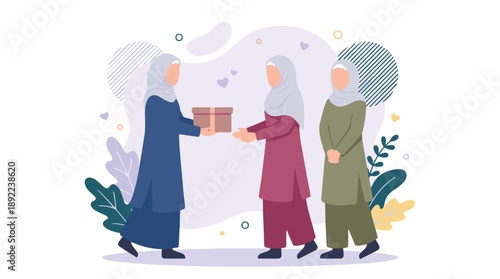 Muslim women giving and receiving a gift box, symbolizing generosity and community