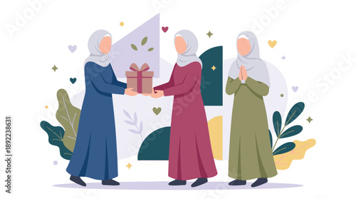 Muslim women in hijabs exchanging gifts and greeting each other