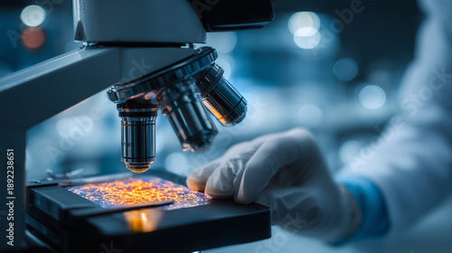 Scientist studying aging human cells under microscope.