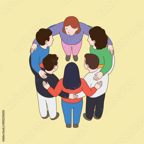 The backs of people surrounding each other. Minimal line illustration style.