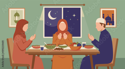 Muslim family praying before evening meal, Ramadan or Iftar concept