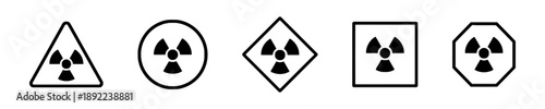 Radioactive warning symbols in various geometric shapes triangle circle diamond square octagon, radiation hazard caution signs, danger alert icons for safety, black isolated on white vector graphics