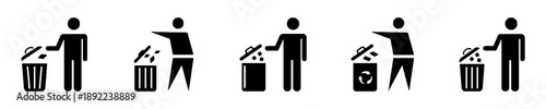 Recycling and waste disposal icons set featuring people throwing trash into bins representing environmental protection sustainability cleanliness hygiene urban management ecology green lifestyle