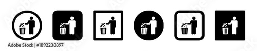 Recycling bin icons in various shapes and styles, featuring person silhouette disposing waste, signifying environmental responsibility and cleanliness.