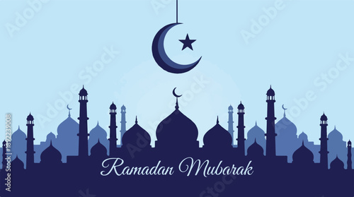 Ramadan Mubarak illustration with mosque silhouettes and crescent moon