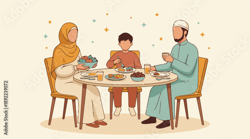 Muslim family enjoying Iftar meal during Ramadan, flat illustration