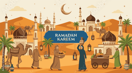 Ramadan Kareem Celebration in Desert with Mosques, Camels, and People