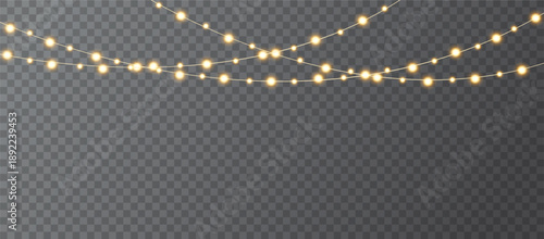 Christmas light garland decoration. Glowing string light element. Bright light bulb design. Vector illustration