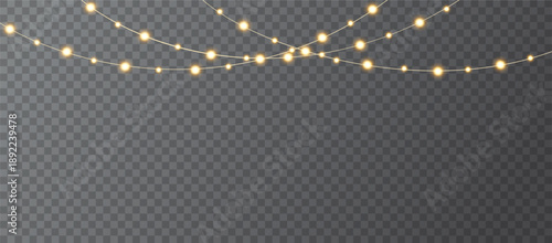 Christmas light garland decoration. Glowing string light element. Bright light bulb design. Vector illustration