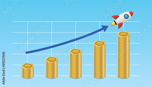 Business growth with rocket flying up on chart. Graph that shows increase in sales. money inflation