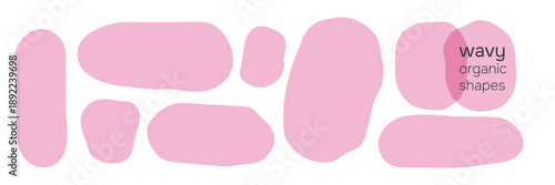 Pink Rectangle bubble shape with fluid form sticker and speech empty frame. Border wavy badge with blank blob textbox and note organic block. Vector