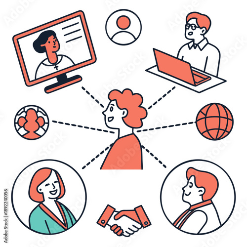 Remote Work and Digital Connection Vector Icons for Virtual Collaboration