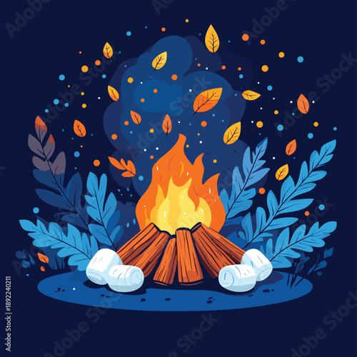 Cozy Campfire with Marshmallows and Autumn Leaves , vector style simple color