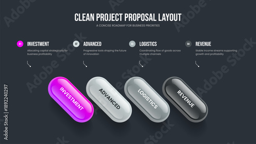 Company Strategy Four Element Diagram Frame Design. Investor Forecast Slide Template Vector Illustration. Service Report 4 Option Infographic Presentation Layout.