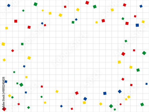 4色の紙吹雪とグリッド線背景のイラスト（赤・青・緑・黄色）