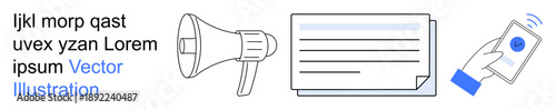 Marketing, communication, digital services, notifications, technology, document management. Megaphone, document and smartphone with a notification icon. Marketing and communication concept