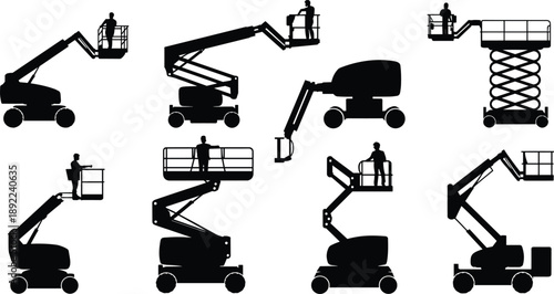 Aerial lift platform silhouettes with boom lift and scissor lift workers, industrial height access equipment isolated on white background