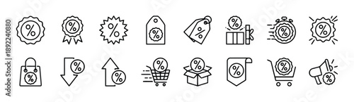 Set of black outline icons symbolizing discount, percentage, and sales, featuring tags, gift boxes, shopping carts, and price reduction symbols, collection for retail and marketing.