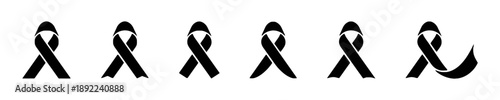Set of black ribbon icons representing mourning, awareness, support, and remembrance for various causes.  Collection of simple solidarity symbols.
