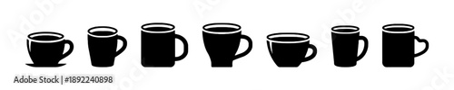 Set of black silhouette icons representing different types of coffee cups and mugs with handles in various shapes and sizes for beverage related designs