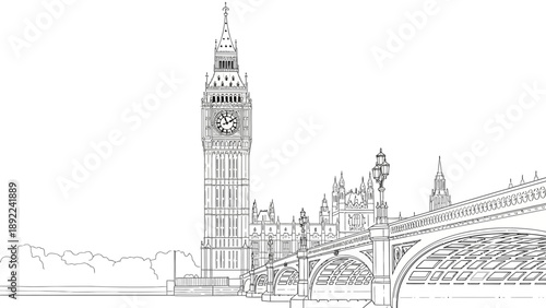 Detailed line drawing of Big Ben and Westminster Bridge in London.