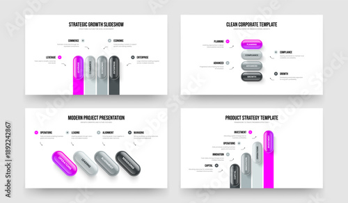 Company Insight Four Option Diagram Slide Layout Vector Illustration Bundle. Modern Forecast 4 Step Infographic Presentation Design Set.