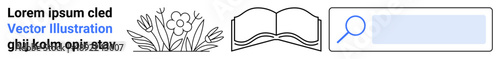Educational materials, nature , information search, online learning, floral design, digital interfaces. a flower line art, open book and search input field. Educational materials and nature themes