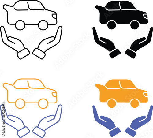 Professional Automotive and Aviation Insurance Protection Services with Vehicle Safety and Transport Security Concepts Vector Silhouette Pictogram and Line Icon Set.eps