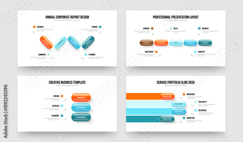Corporate Strategy 4 5 3 Option Infographic Frame Design Bundle. Enterprise Plan Four Five Three Element Diagram Presentation Layout Vector Illustration Collection.