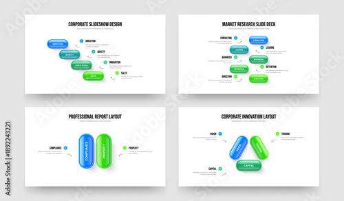 Market Visualization Four Five Two Three Step Infographic Presentation Design Vector Illustration Collection. Company Strategy 4 5 2 3 Element Diagram Slide Template Set.