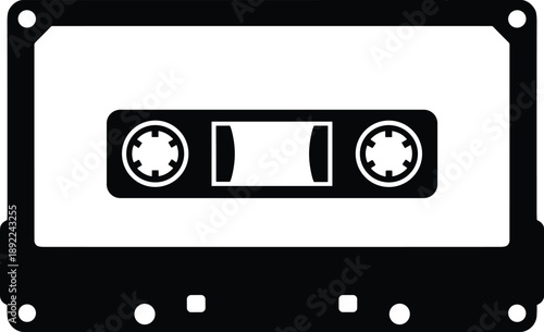 Minimal vector silhouette, vintage cassette tape, solid black, isolated on white.