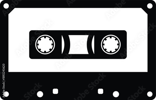Minimal vector silhouette, vintage cassette tape, solid black, isolated on white.