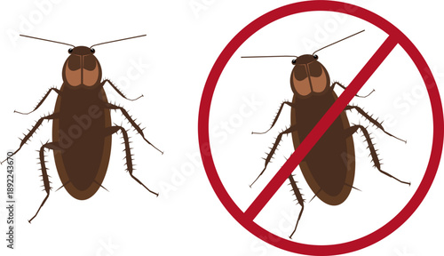 Set of cockroach and anti cockroach vector illustrations. Colored roach insects and no cockroach warning symbols. Perfect for pest control, hygiene, sanitation, education, and infographic design.
