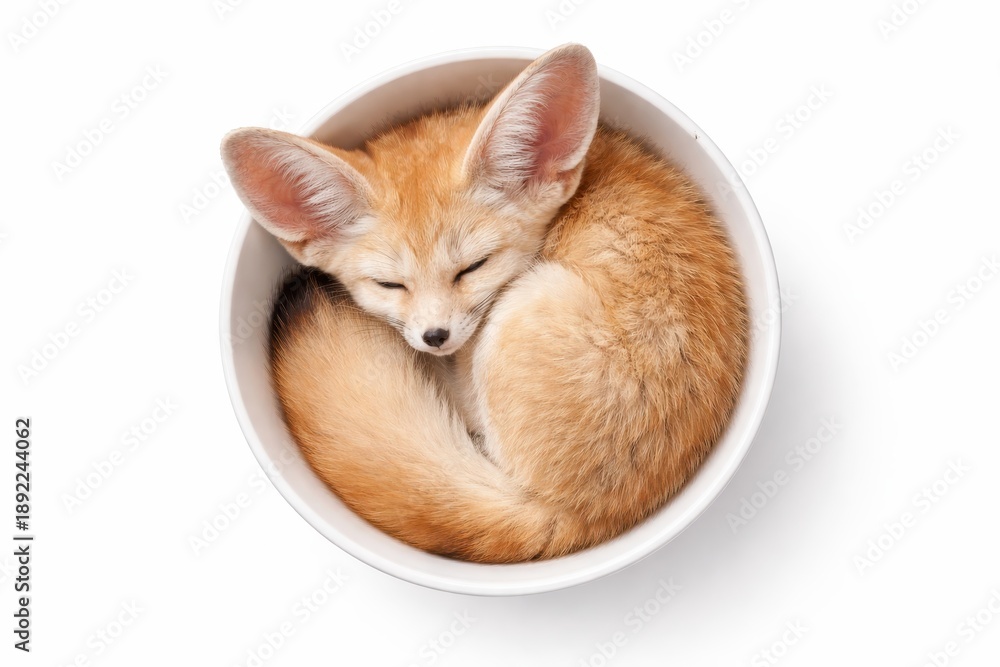 Fototapeta premium Fennec fox curled asleep in shallow white ceramic bowl top view soft fur detail high key studio photo