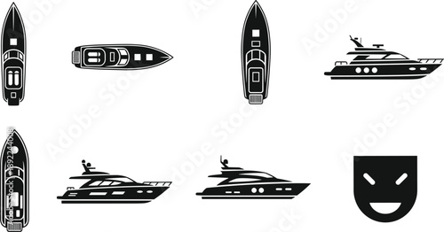 Yacht, Boat, Speedboat, Vessel, Marine, Nautical, Cruise, Luxury, Watercraft, Ship, Seacraft, Ocean, Sea, Travel, Transport, Silhouette, Icon, Vector, Illustration, Design