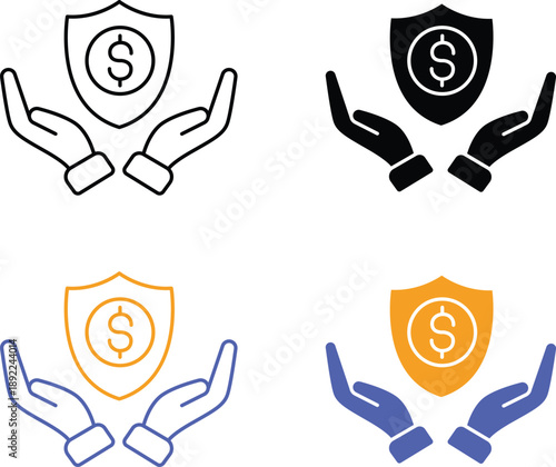 Secure financial protection and money insurance shield in hands concept design Vector Silhouette Pictogram and Line Icon Set.eps