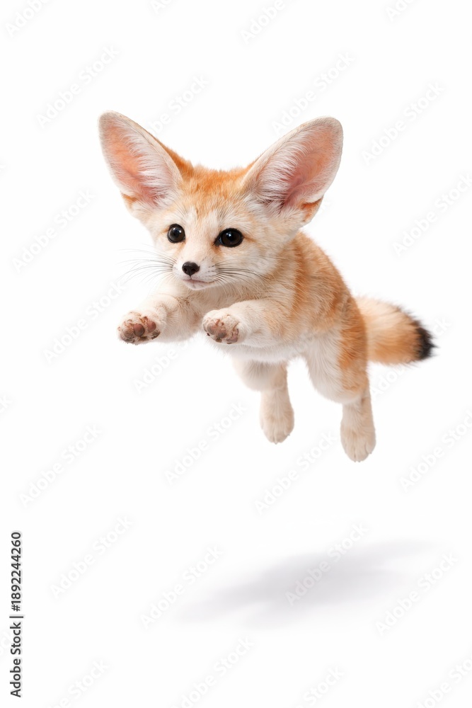 Obraz premium Fennec fox mid leap with paws forward frozen motion high speed flash sharp fur and soft shadow high key studio photo