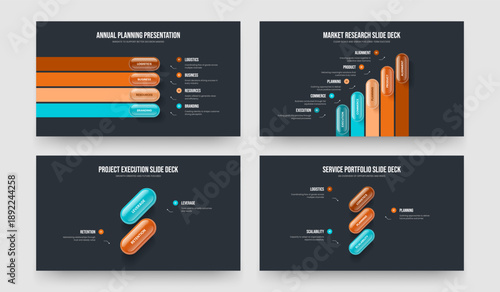 Project Showcase Four Five Two Three Element Infographic Slideshow Template Vector Illustration Collection. Business Introduction 4 5 2 3 Option Diagram Presentation Design Set.