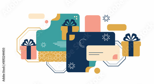 Ramadan Promotion Abstract Art with Pastel Gift Boxes and Geometric Shapes