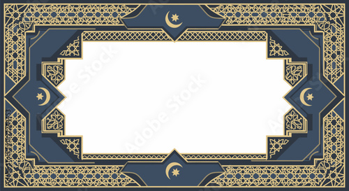 Elaborate Blue and Gold Rectangular Frame Design for Ramadan Promotion with Intricate Symmetrical Patterns